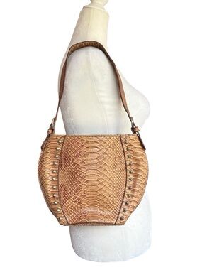 Tan faux Snake Print Studded Bucket Shoulder Bag Y2K